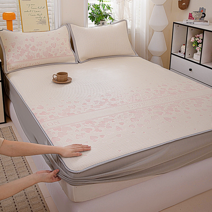 富馨莱 2026新款PE乙纶高克重冰豆豆席凉感凉席单件席子床笠款支持一件定做尺寸学生宿舍 爱意满满-粉