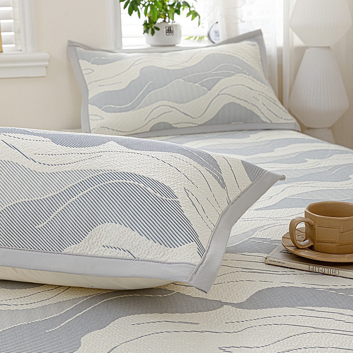 91家纺网 家纺一手货源 找家纺 富馨莱 2026新款PE乙纶高克重冰豆豆席凉感凉席单件席子床笠款支持一件定做尺寸学生宿舍 波纹-蓝灰