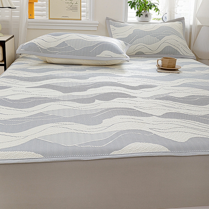 91家纺网 家纺一手货源 找家纺 富馨莱 2026新款PE乙纶高克重冰豆豆席凉感凉席单件席子床笠款支持一件定做尺寸学生宿舍 波纹-蓝灰