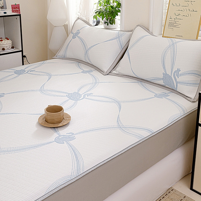 91家纺网 家纺一手货源 找家纺 富馨莱 2026新款PE乙纶高克重冰豆豆席凉感凉席单件席子床笠款支持一件定做尺寸学生宿舍 天鹅-蓝