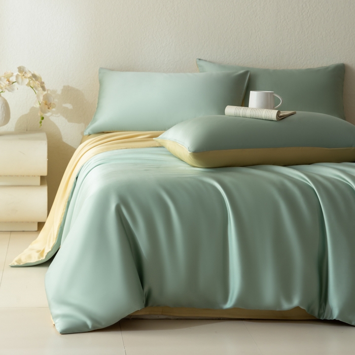 禾时 2026新款60支奥地利兰精双拼纯色天丝四件套 浅艾绿-香槟金