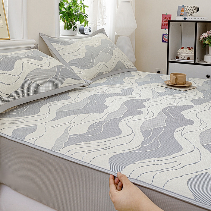 91家纺网 家纺一手货源 找家纺 富馨莱 2026新款PE乙纶高克重冰豆豆席凉感凉席单件席子床笠款支持一件定做尺寸学生宿舍 波纹-蓝灰