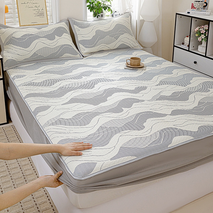 富馨莱 2026新款PE乙纶高克重冰豆豆席凉感凉席单件席子床笠款支持一件定做尺寸学生宿舍 波纹-蓝灰