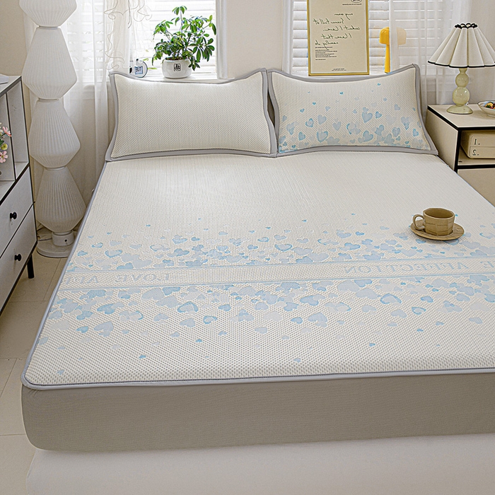 91家纺网 家纺一手货源 找家纺 富馨莱 2026新款PE乙纶高克重冰豆豆席凉感凉席单件席子床笠款支持一件定做尺寸学生宿舍 爱意满满-蓝