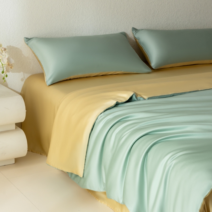 91家纺网 家纺一手货源 找家纺 禾时 2026新款60支奥地利兰精双拼纯色天丝四件套 浅艾绿-香槟金