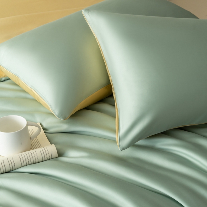 91家纺网 家纺一手货源 找家纺 禾时 2026新款60支奥地利兰精双拼纯色天丝四件套 浅艾绿-香槟金