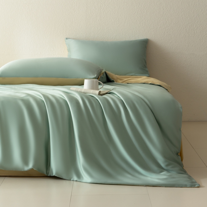 91家纺网 家纺一手货源 找家纺 禾时 2026新款60支奥地利兰精双拼纯色天丝四件套 浅艾绿-香槟金