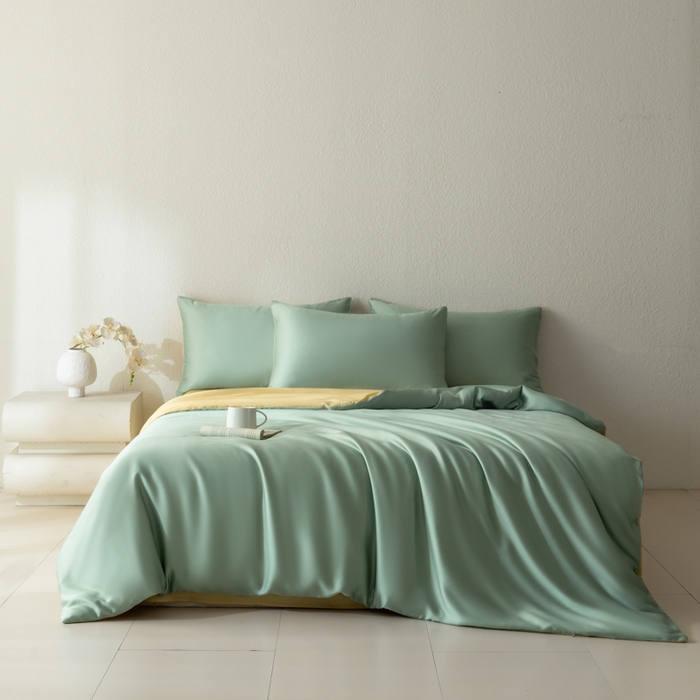 91家纺网 家纺一手货源 找家纺 禾时 2026新款60支奥地利兰精双拼纯色天丝四件套 浅艾绿-香槟金