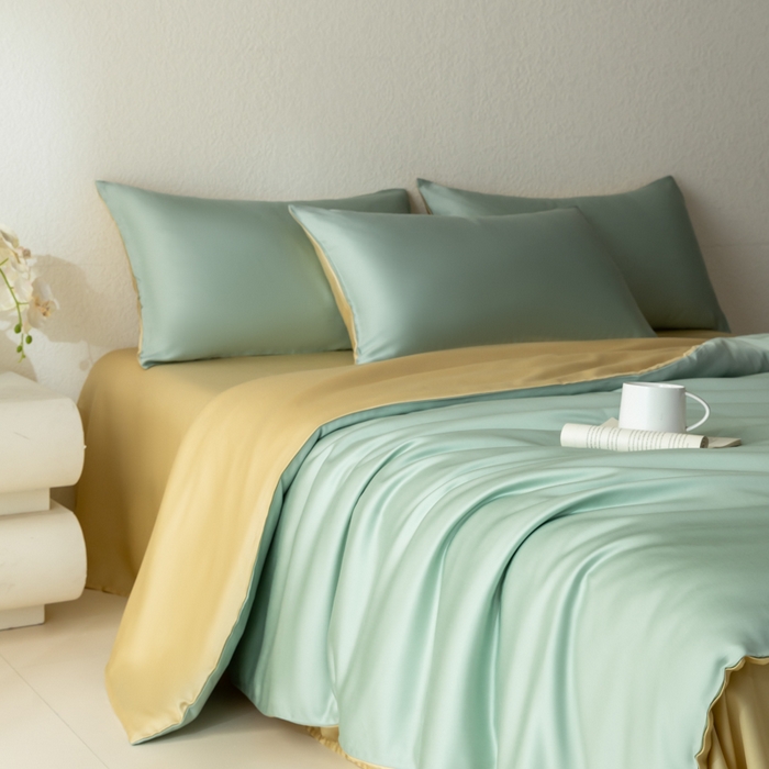 91家纺网 家纺一手货源 找家纺 禾时 2026新款60支奥地利兰精双拼纯色天丝四件套 浅艾绿-香槟金