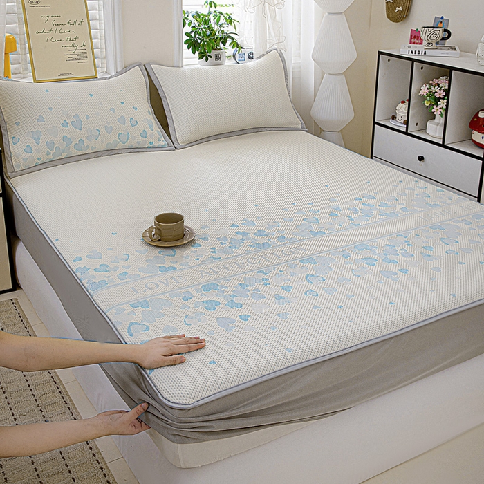 富馨莱 2026新款PE乙纶高克重冰豆豆席凉感凉席单件席子床笠款支持一件定做尺寸学生宿舍 爱意满满-蓝