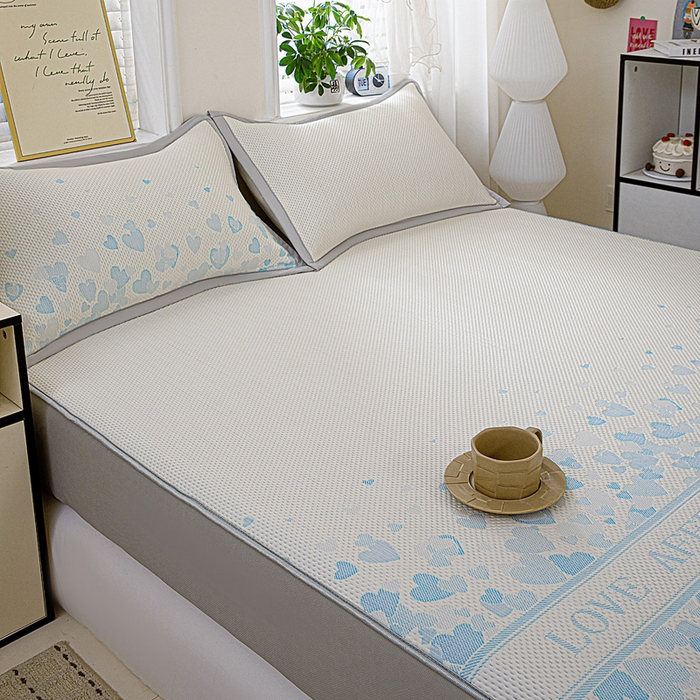 91家纺网 家纺一手货源 找家纺 富馨莱 2026新款PE乙纶高克重冰豆豆席凉感凉席单件席子床笠款支持一件定做尺寸学生宿舍 爱意满满-蓝