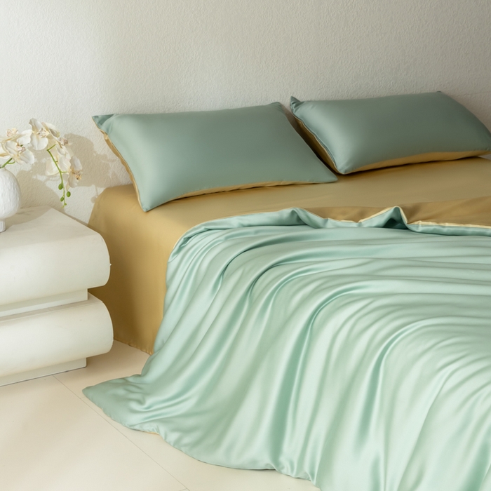 91家纺网 家纺一手货源 找家纺 禾时 2026新款60支奥地利兰精双拼纯色天丝四件套 浅艾绿-香槟金