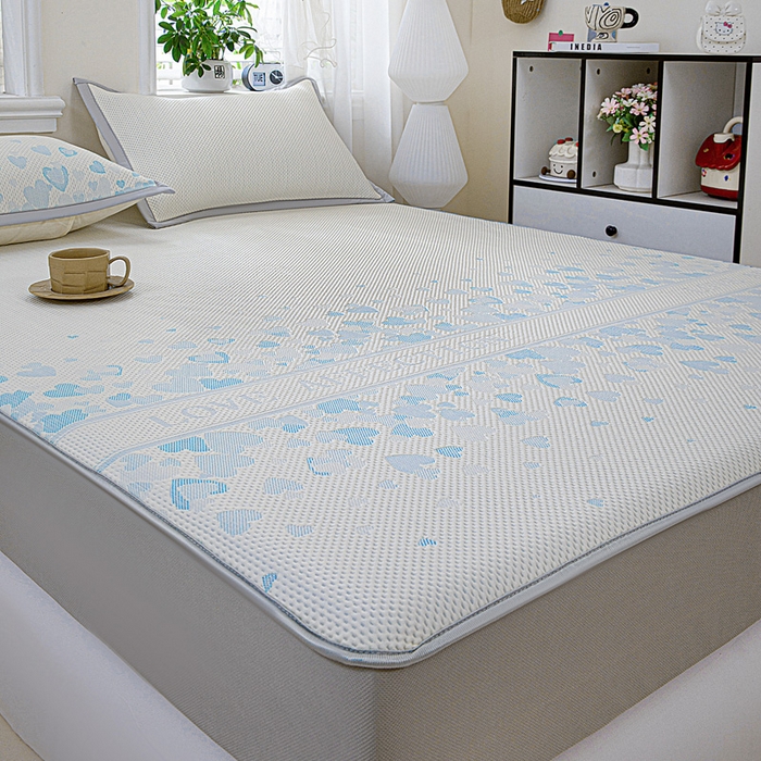 91家纺网 家纺一手货源 找家纺 富馨莱 2026新款PE乙纶高克重冰豆豆席凉感凉席单件席子床笠款支持一件定做尺寸学生宿舍 爱意满满-蓝