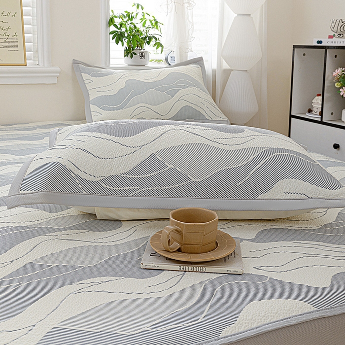 91家纺网 家纺一手货源 找家纺 富馨莱 2026新款PE乙纶高克重冰豆豆席凉感凉席单件席子床笠款支持一件定做尺寸学生宿舍 波纹-蓝灰