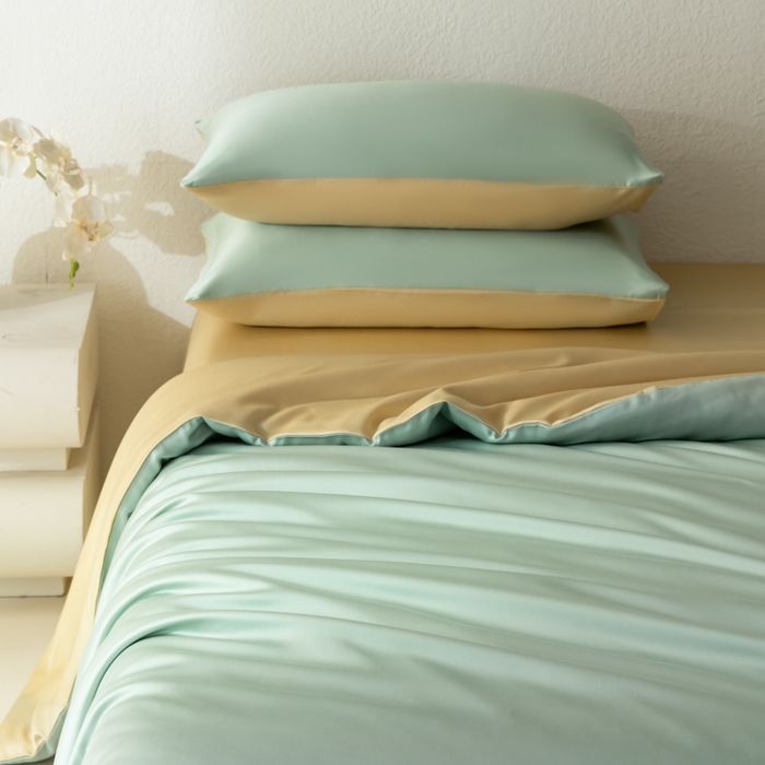 91家纺网 家纺一手货源 找家纺 禾时 2026新款60支奥地利兰精双拼纯色天丝四件套 浅艾绿-香槟金