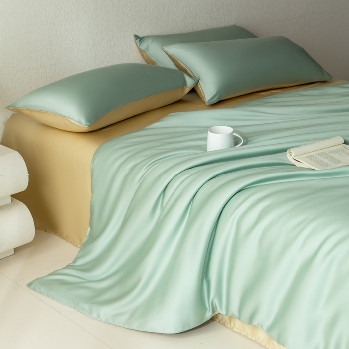 91家纺网 家纺一手货源 找家纺 禾时 2026新款60支奥地利兰精双拼纯色天丝四件套 浅艾绿-香槟金