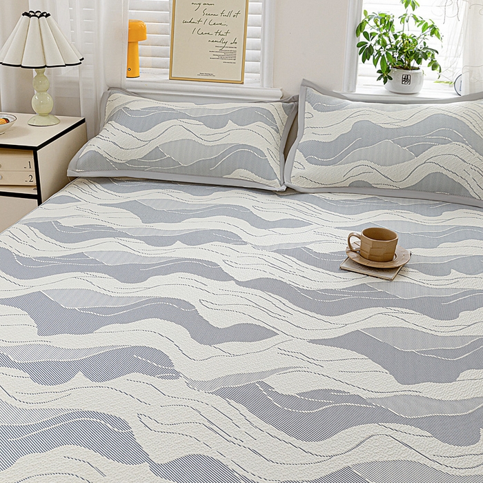 91家纺网 家纺一手货源 找家纺 富馨莱 2026新款PE乙纶高克重冰豆豆席凉感凉席单件席子床笠款支持一件定做尺寸学生宿舍 波纹-蓝灰