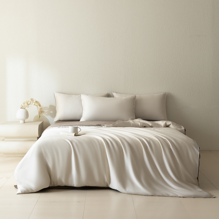 91家纺网 家纺一手货源 找家纺 禾时 2026新款60支奥地利兰精双拼纯色天丝四件套 乳蛋白-冷岩灰