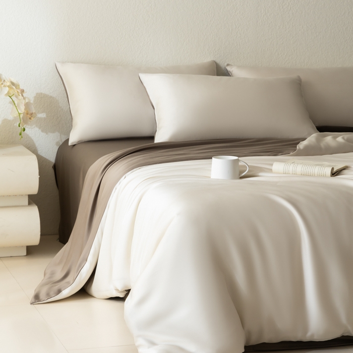 91家纺网 家纺一手货源 找家纺 禾时 2026新款60支奥地利兰精双拼纯色天丝四件套 乳蛋白-冷岩灰