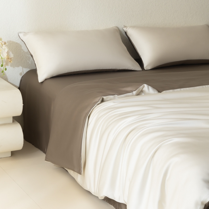 91家纺网 家纺一手货源 找家纺 禾时 2026新款60支奥地利兰精双拼纯色天丝四件套 乳蛋白-冷岩灰