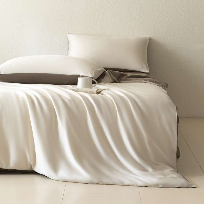 91家纺网 家纺一手货源 找家纺 禾时 2026新款60支奥地利兰精双拼纯色天丝四件套 乳蛋白-冷岩灰