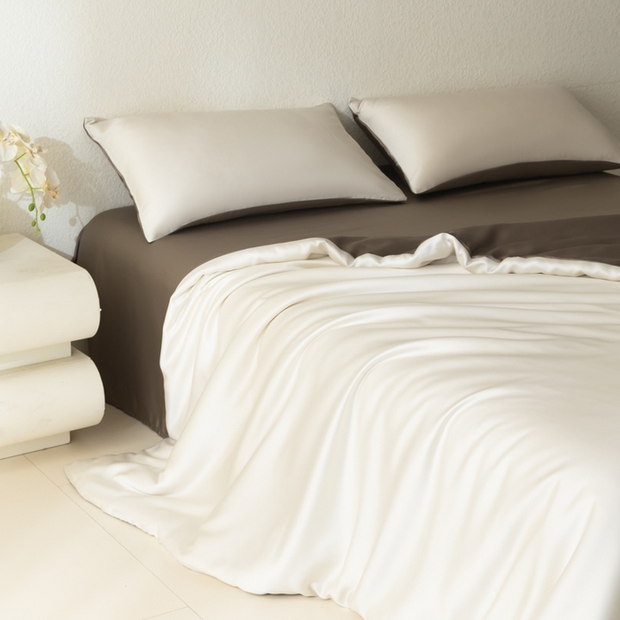 91家纺网 家纺一手货源 找家纺 禾时 2026新款60支奥地利兰精双拼纯色天丝四件套 乳蛋白-冷岩灰