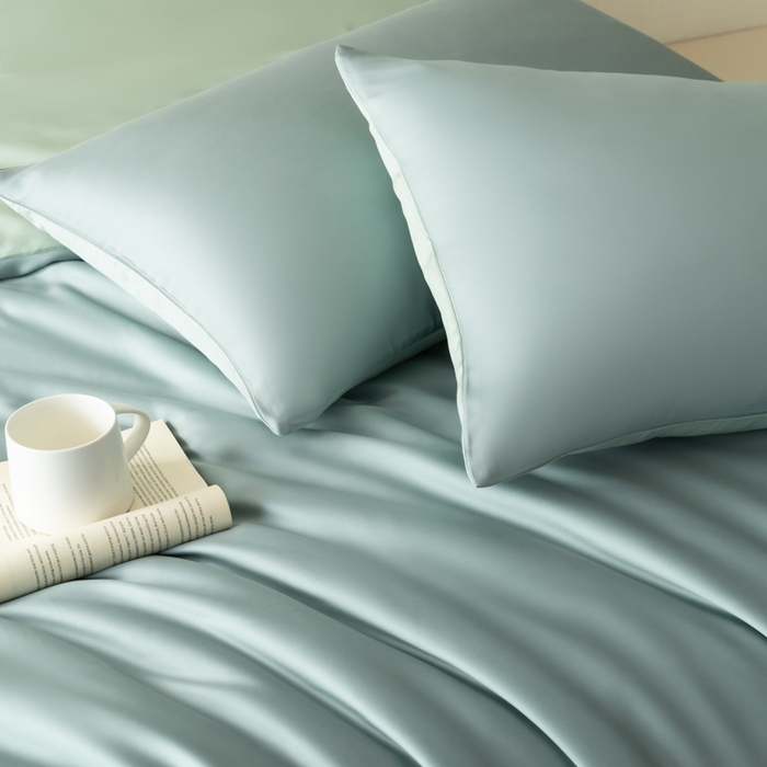 91家纺网 家纺一手货源 找家纺 禾时 2026新款60支奥地利兰精双拼纯色天丝四件套 天空蓝-浅艾绿