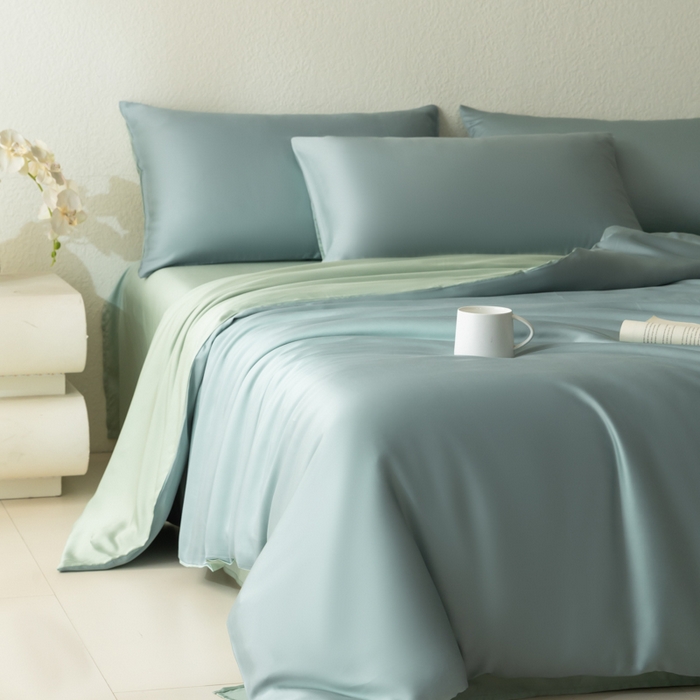 91家纺网 家纺一手货源 找家纺 禾时 2026新款60支奥地利兰精双拼纯色天丝四件套 天空蓝-浅艾绿