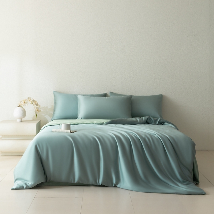 91家纺网 家纺一手货源 找家纺 禾时 2026新款60支奥地利兰精双拼纯色天丝四件套 天空蓝-浅艾绿