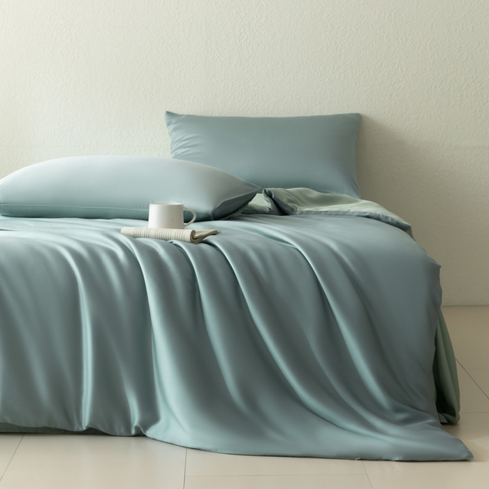 91家纺网 家纺一手货源 找家纺 禾时 2026新款60支奥地利兰精双拼纯色天丝四件套 天空蓝-浅艾绿