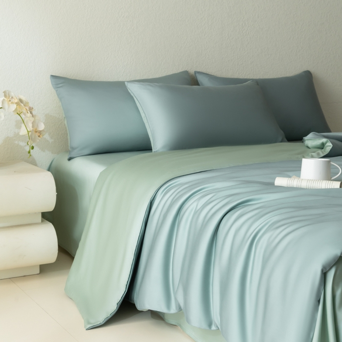 91家纺网 家纺一手货源 找家纺 禾时 2026新款60支奥地利兰精双拼纯色天丝四件套 天空蓝-浅艾绿