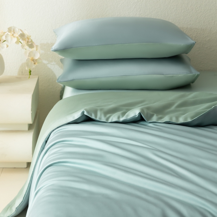 91家纺网 家纺一手货源 找家纺 禾时 2026新款60支奥地利兰精双拼纯色天丝四件套 天空蓝-浅艾绿