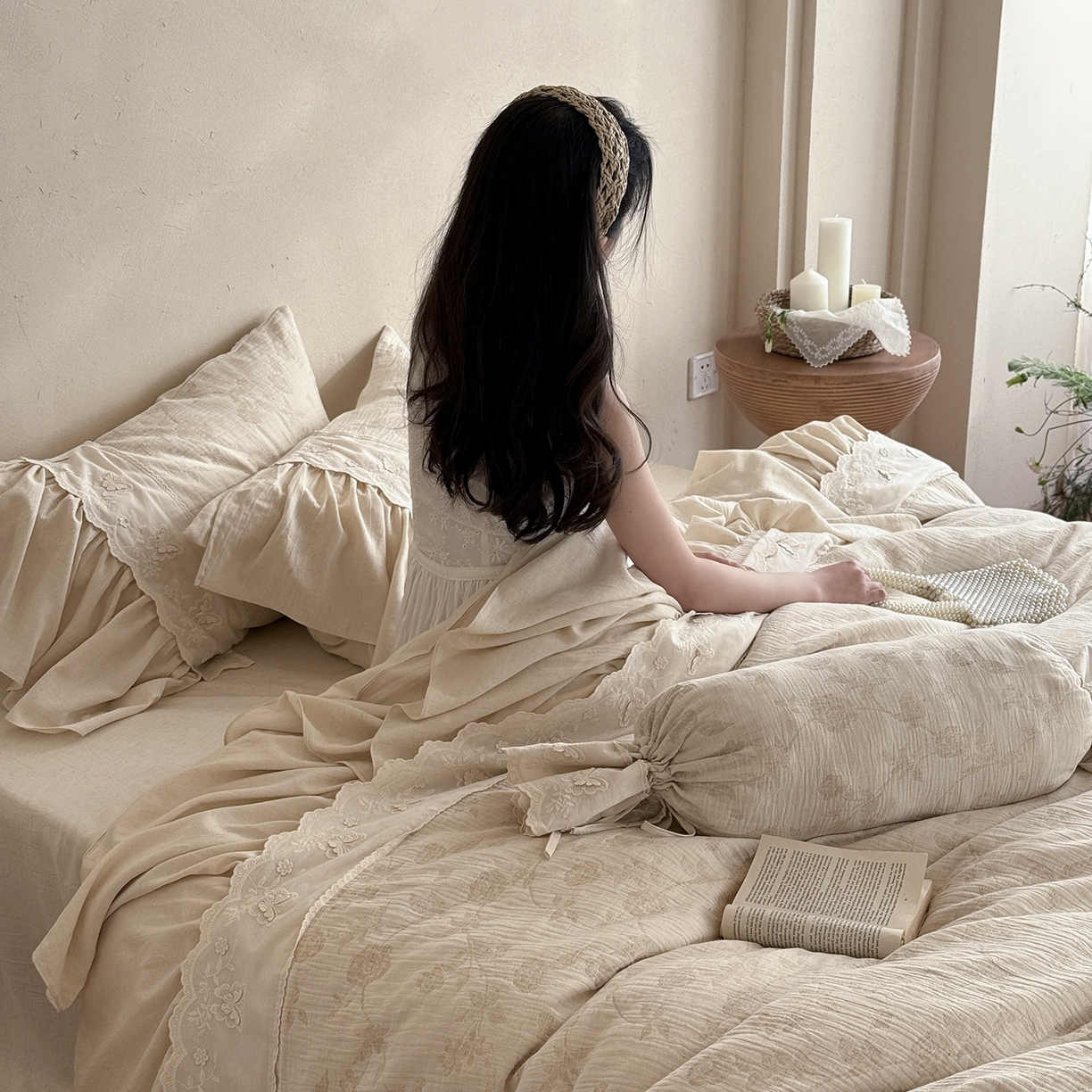 91家纺网 家纺一手货源 找家纺 （总）嗨购家纺 2026新款棉麻纯色提花系列四件套-蓝桉（控价 标准408/加大428）