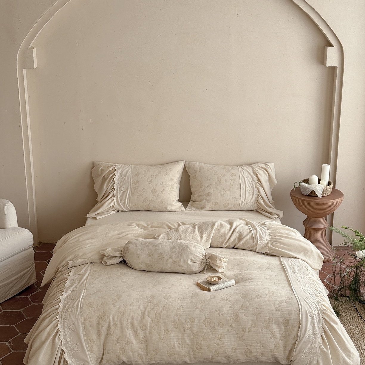 （总）嗨购家纺 2026新款棉麻纯色提花系列四件套-蓝桉（控价 标准408/加大428）