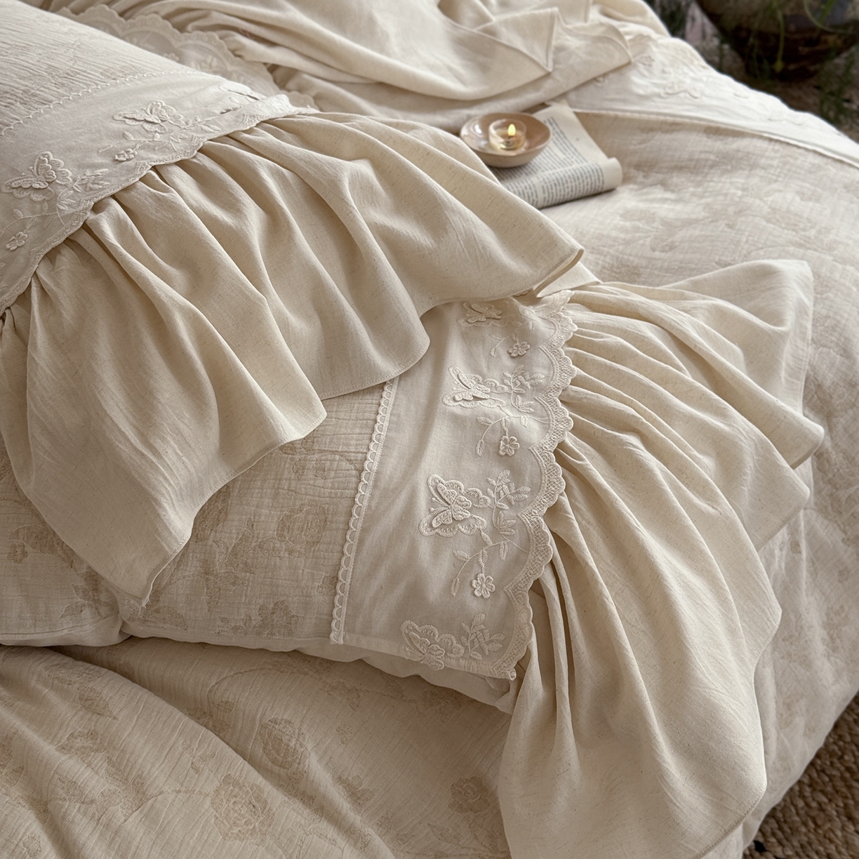 91家纺网 家纺一手货源 找家纺 （总）嗨购家纺 2026新款棉麻纯色提花系列四件套-蓝桉（控价 标准408/加大428）