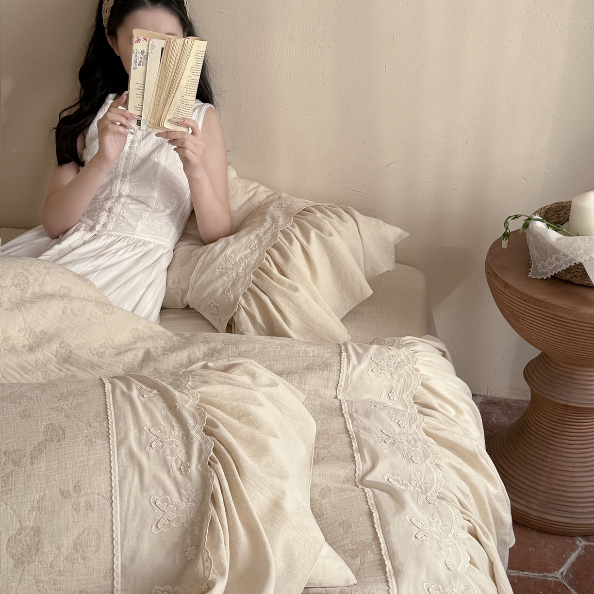 91家纺网 家纺一手货源 找家纺 （总）嗨购家纺 2026新款棉麻纯色提花系列四件套-蓝桉（控价 标准408/加大428）