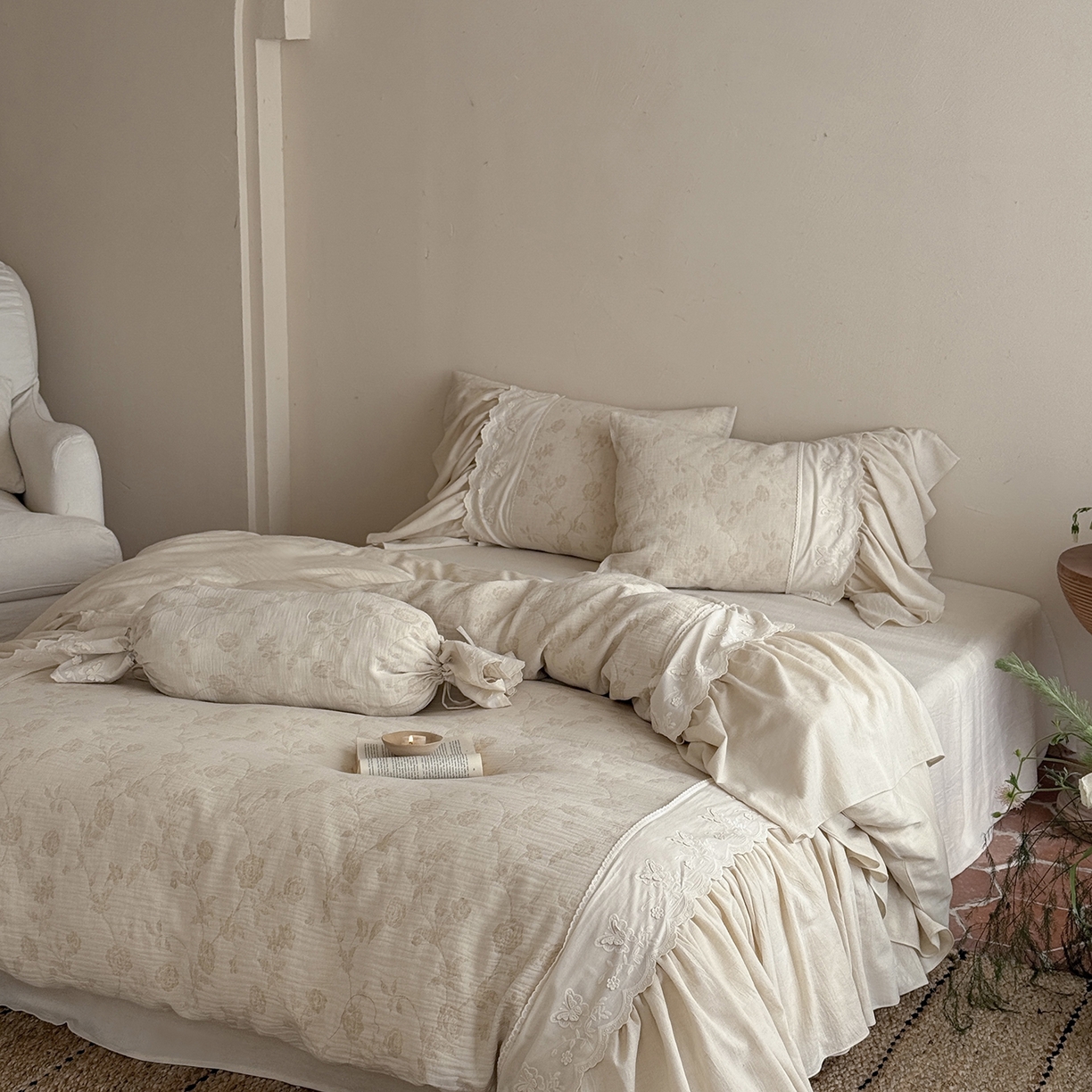 91家纺网 家纺一手货源 找家纺 （总）嗨购家纺 2026新款棉麻纯色提花系列四件套-蓝桉（控价 标准408/加大428）