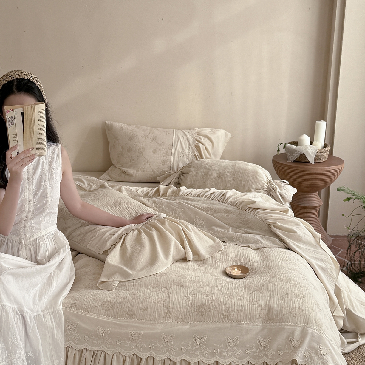 91家纺网 家纺一手货源 找家纺 （总）嗨购家纺 2026新款棉麻纯色提花系列四件套-蓝桉（控价 标准408/加大428）