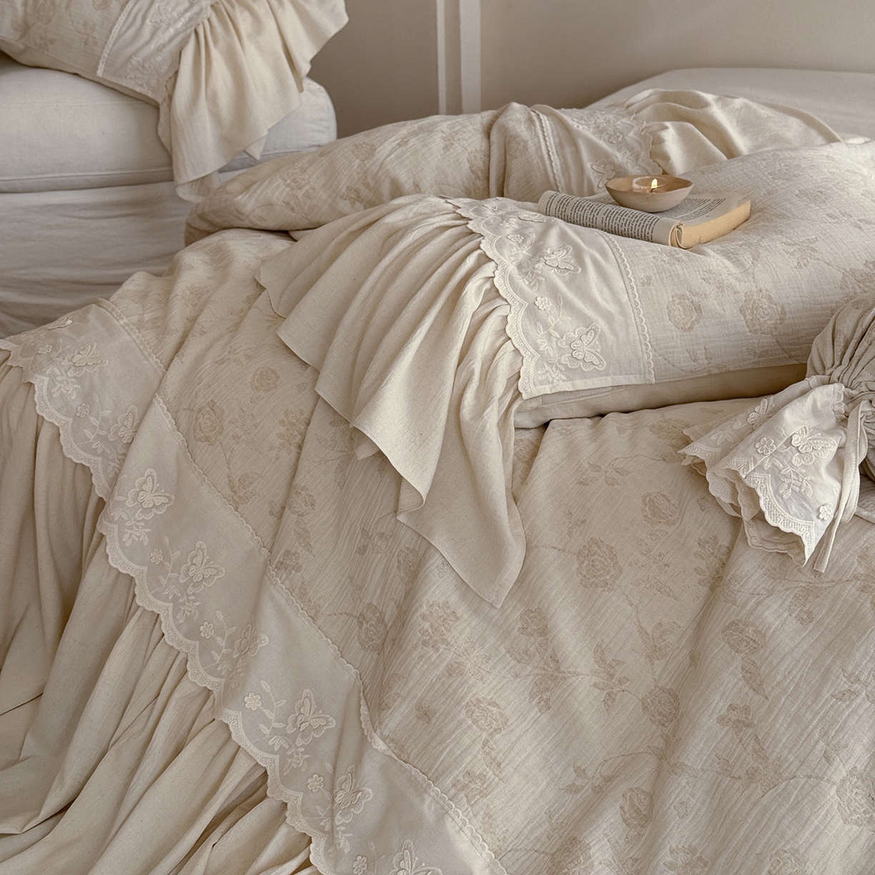 91家纺网 家纺一手货源 找家纺 （总）嗨购家纺 2026新款棉麻纯色提花系列四件套-蓝桉（控价 标准408/加大428）