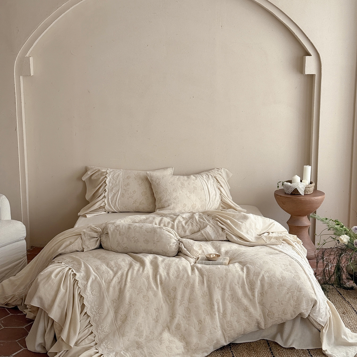 91家纺网 家纺一手货源 找家纺 （总）嗨购家纺 2026新款棉麻纯色提花系列四件套-蓝桉（控价 标准408/加大428）