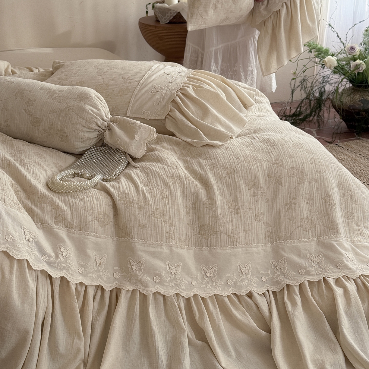 91家纺网 家纺一手货源 找家纺 （总）嗨购家纺 2026新款棉麻纯色提花系列四件套-蓝桉（控价 标准408/加大428）