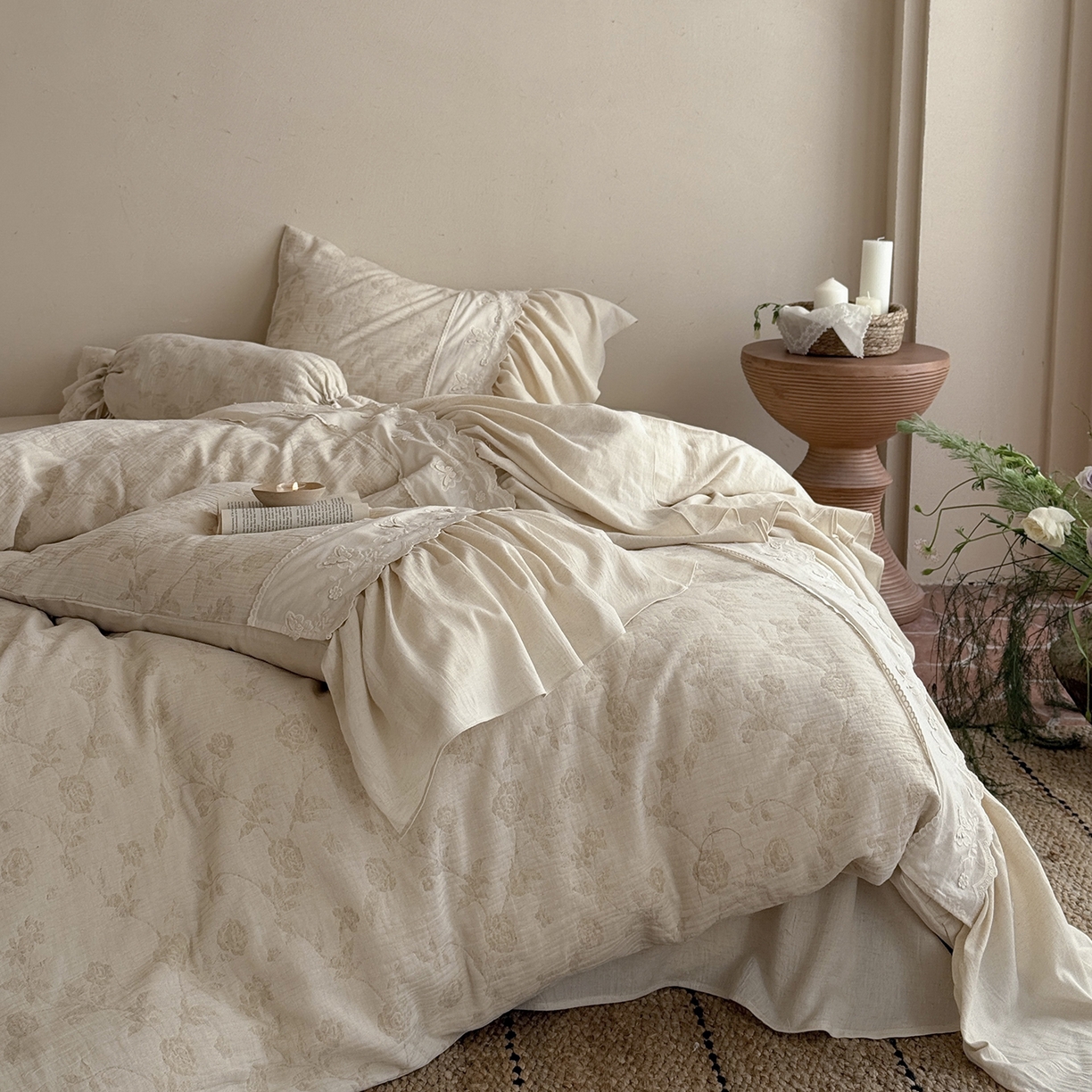 91家纺网 家纺一手货源 找家纺 （总）嗨购家纺 2026新款棉麻纯色提花系列四件套-蓝桉（控价 标准408/加大428）