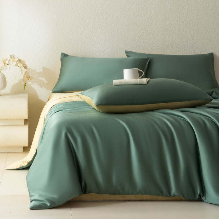 禾时 2026新款60支奥地利兰精双拼纯色天丝四件套 天青色-香槟金