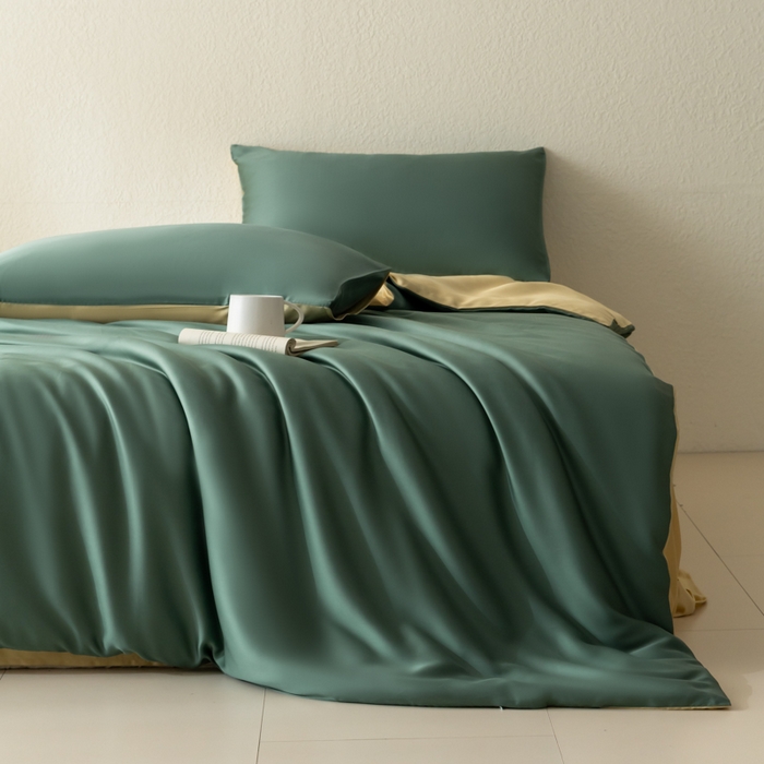 91家纺网 家纺一手货源 找家纺 禾时 2026新款60支奥地利兰精双拼纯色天丝四件套 天青色-香槟金