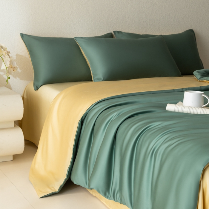 91家纺网 家纺一手货源 找家纺 禾时 2026新款60支奥地利兰精双拼纯色天丝四件套 天青色-香槟金