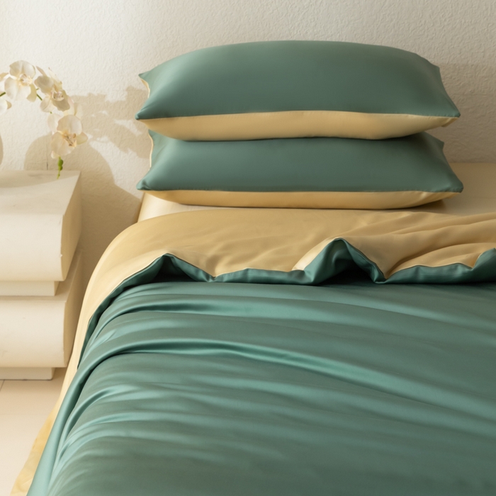 91家纺网 家纺一手货源 找家纺 禾时 2026新款60支奥地利兰精双拼纯色天丝四件套 天青色-香槟金