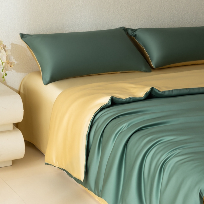 91家纺网 家纺一手货源 找家纺 禾时 2026新款60支奥地利兰精双拼纯色天丝四件套 天青色-香槟金