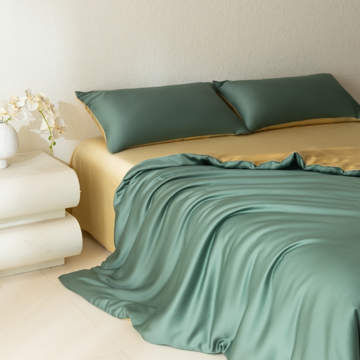 91家纺网 家纺一手货源 找家纺 禾时 2026新款60支奥地利兰精双拼纯色天丝四件套 天青色-香槟金