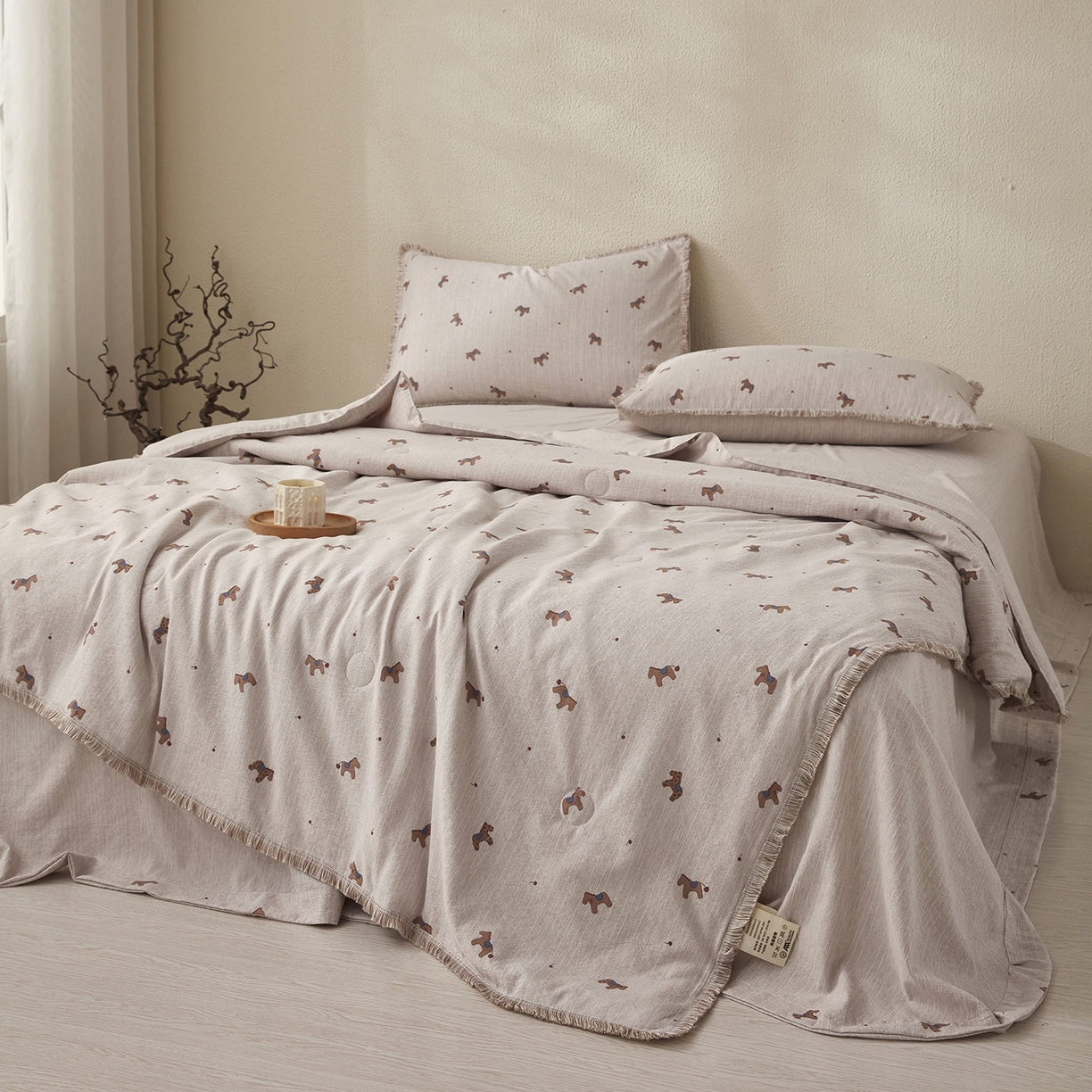 91家纺网 家纺一手货源 找家纺 网客家纺 2026新款提花色织麻夏被四件套 宝丽咖