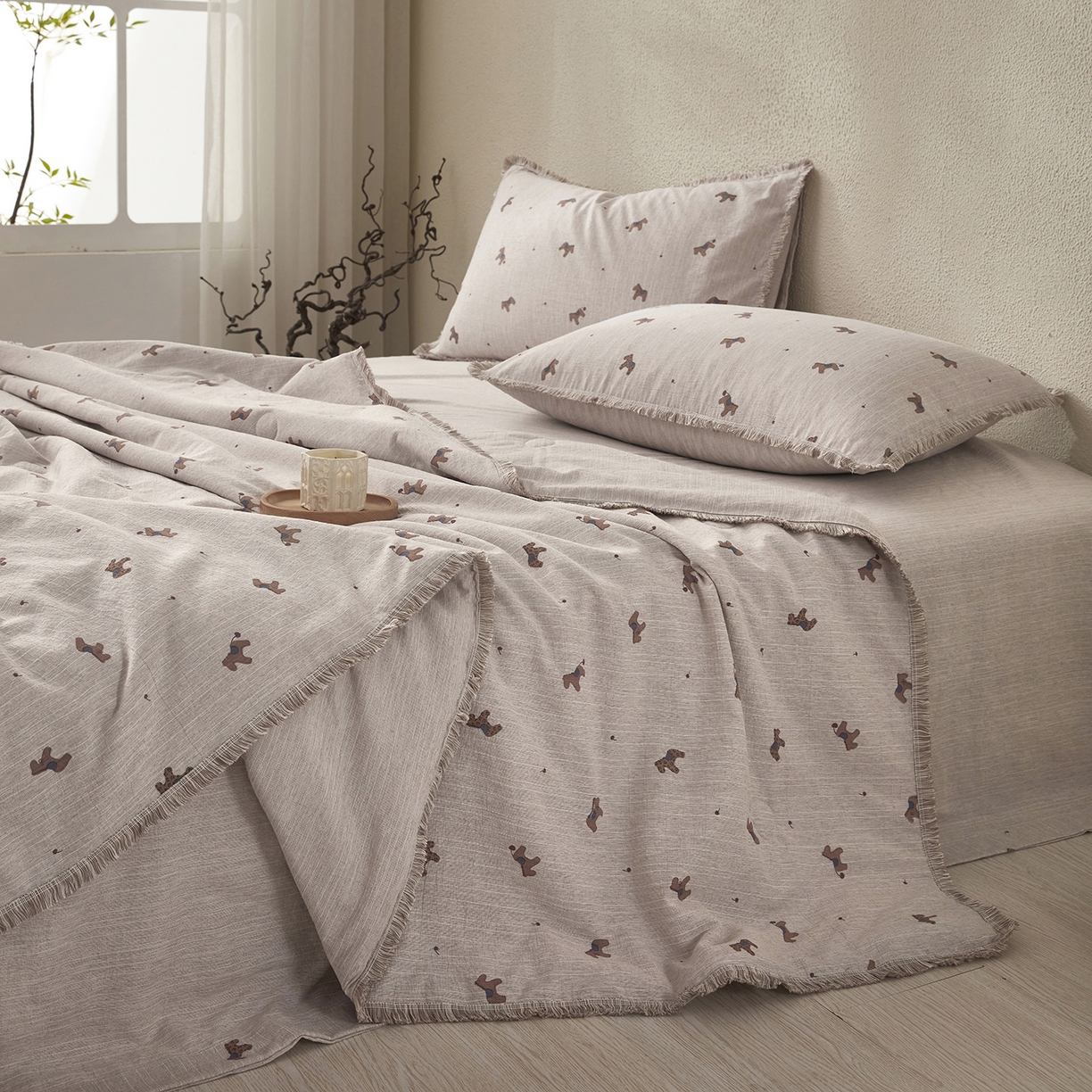 91家纺网 家纺一手货源 找家纺 网客家纺 2026新款提花色织麻夏被四件套 宝丽咖